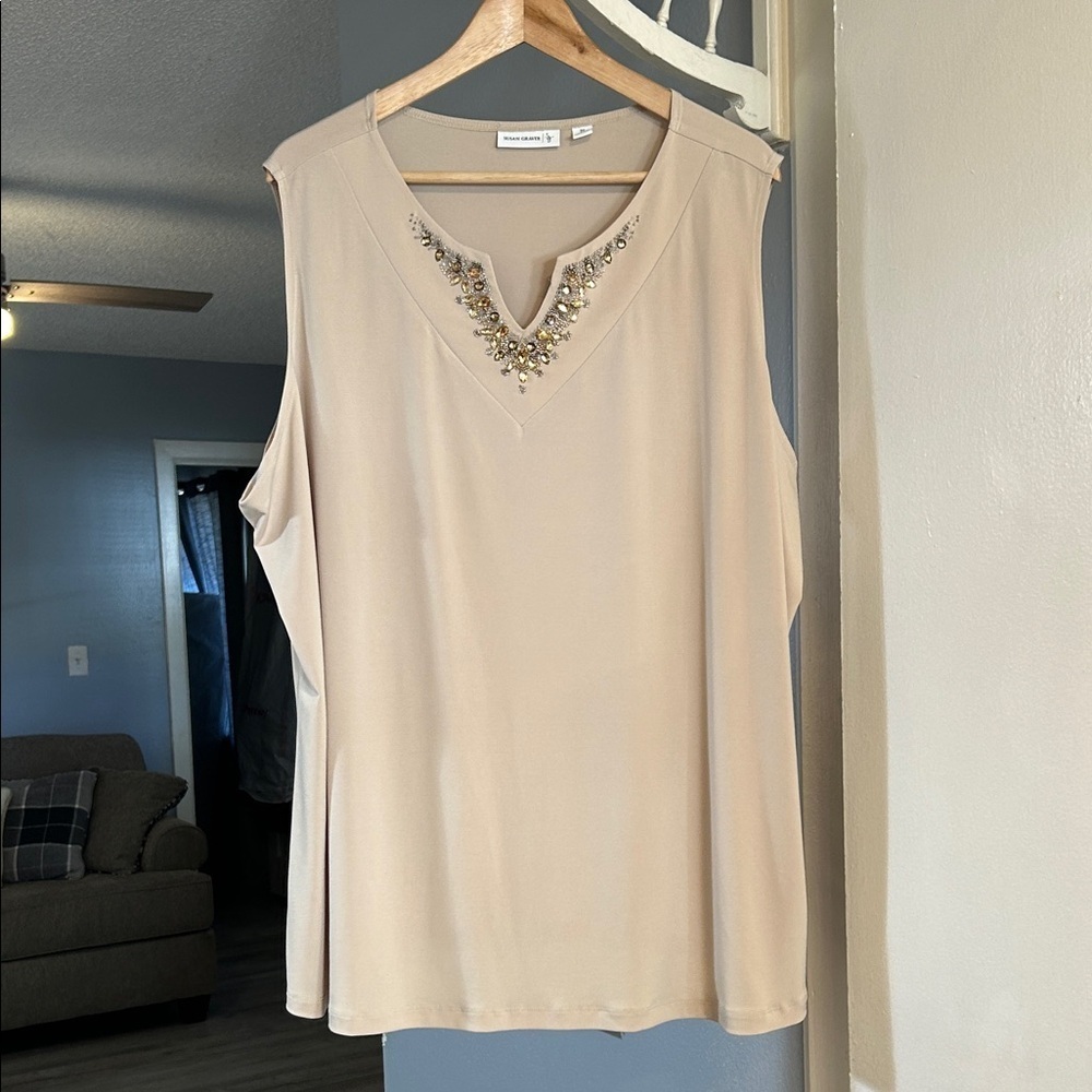 Susan Graver Liquid Knit Embellished Jeweled V-neck Sleeveless Blouse Size 3X